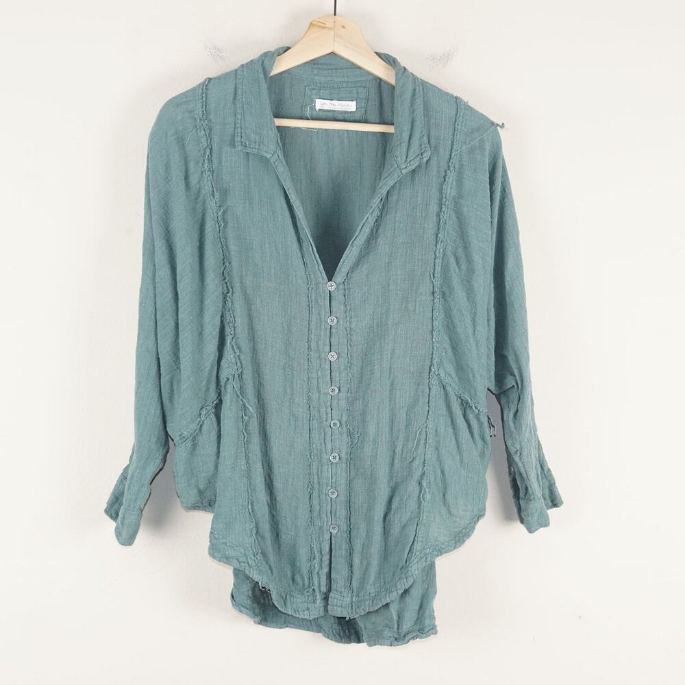 We The Free People Green Cotton Gauze Raw Edge Trim Button Down Top Womens S